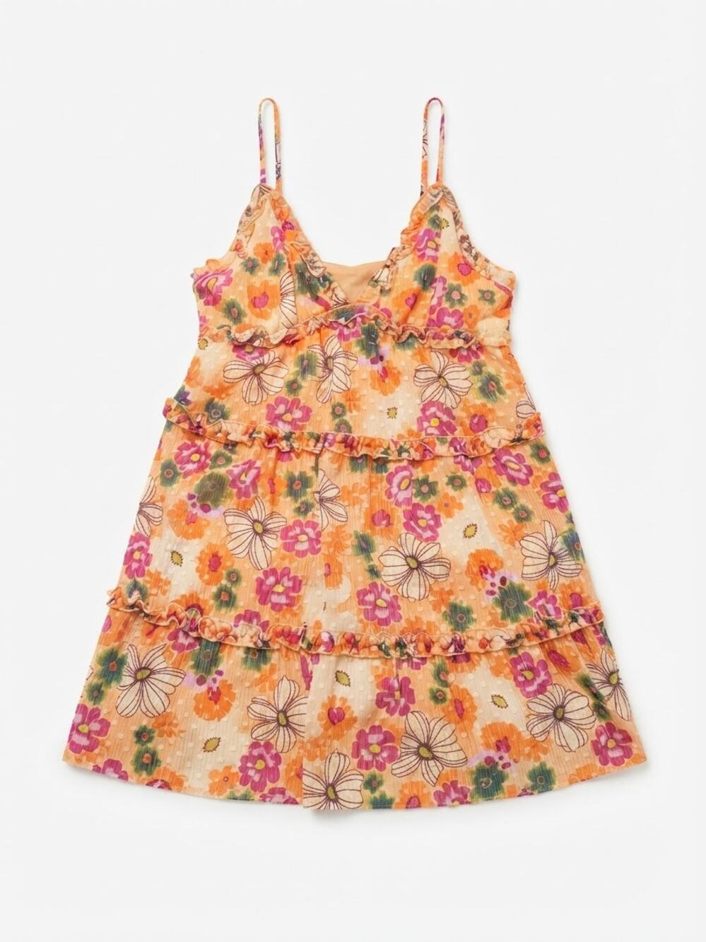 Target Women Floral Tiered Dress Size M Orange Ruffle Mini Sundress Boho beach